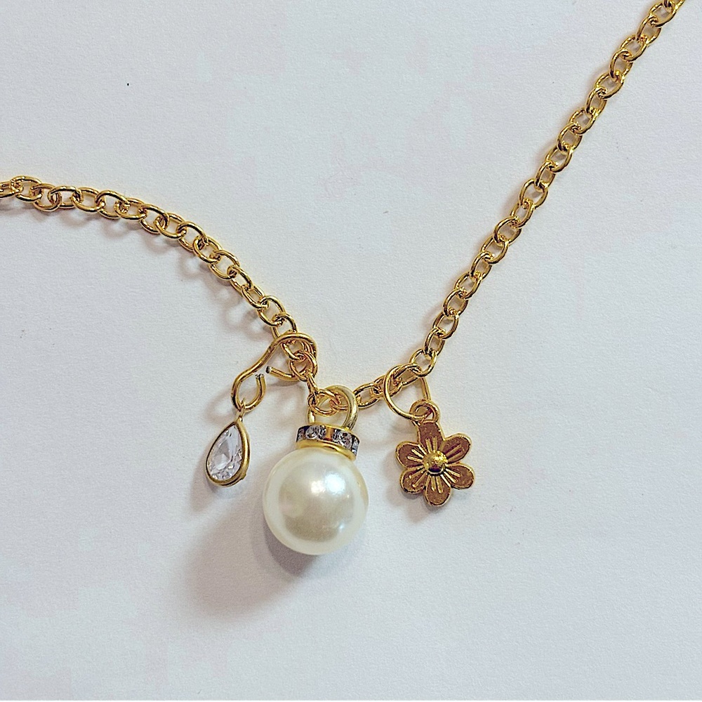 Gold plated faux pearl charm chain necklace flower clear drop neutral
